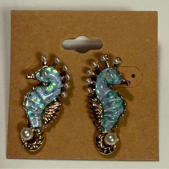 The Unbranded Brand Jewelry - Unbranded Seahorse Earrings W/Iridescent Blue Gold & Faux Pearl Accents from HI